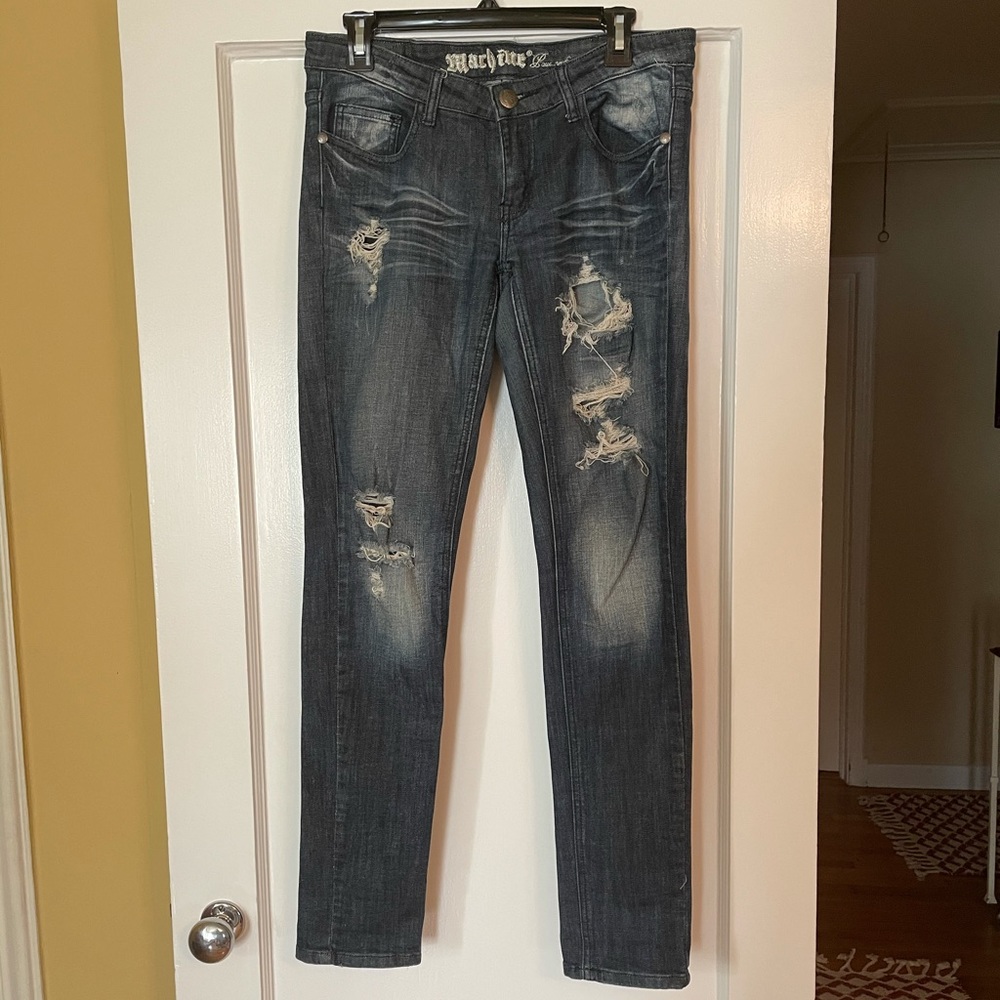 Distressed dark wash jeans